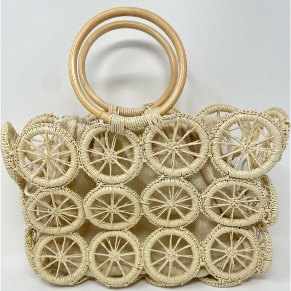 Multi Circle Summer Beach Bag Tote Orange Slice Open Lined Natural Round Handles - Picture 8 of 10